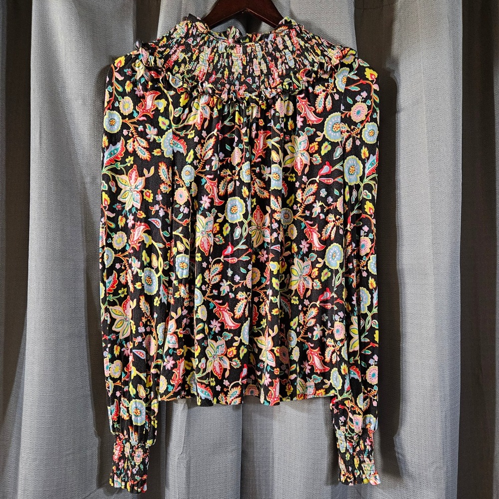 Boden Women Black Floral Paisley Smocked High Neck Blouse Top T0931 US 4